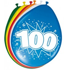 Gekleurde Leeftijdsballon: 100 Jaar 8 st.